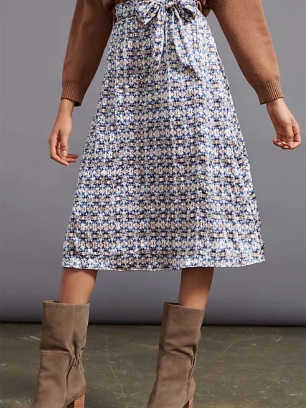 Anthropologie Teresa blue cream crinkle Floral Tie-Waist Midi Skirt S Small